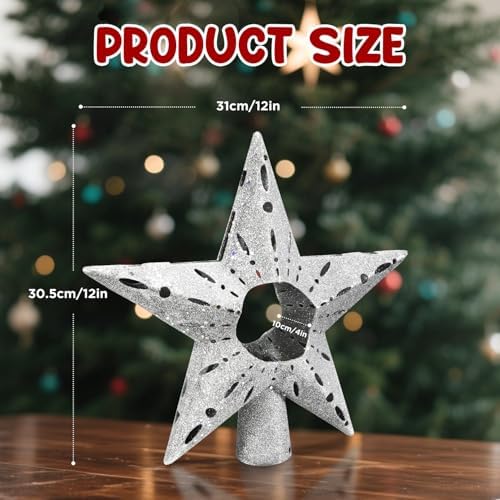 Silver Christmas Tree Topper Star, 12 Inch Glitter Tree Top Decoration, Sparkling Star Ornament for Christmas Tree, Durable ABS Plastic Holiday Decor Accessory, Xmas Tree Topper for Home and Party - Image 6