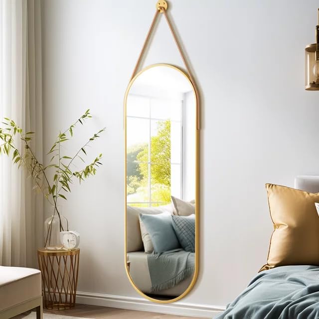 OGCAU 48'' x 16'' Full Length Mirror Wall-Mounted, Full Body Hanging Mirror for Wall and Door in Bedroom, Living Room, Oval with Straps, Hanging with Aluminum Alloy Frame (Oval Gold)