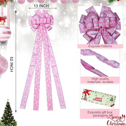 Christmas Tree Topper Wreath Bow Large Pink Christmas Bow Tree Topper 52"x13" Pink Alien Ball Glitter Satin Ribbon Gift Bows for Xmas Holiday Home Wedding Thanksgiving Indoor/Outdoor Decoration - Image 2