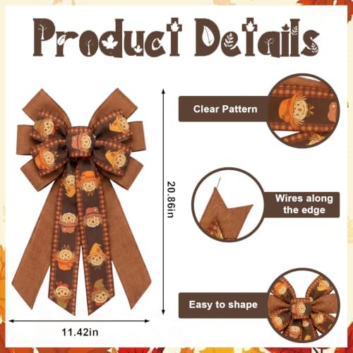 Large Thanksgiving Fall Wreath Bow, Orange Scarecrow Tree Topper Bows - Image 2