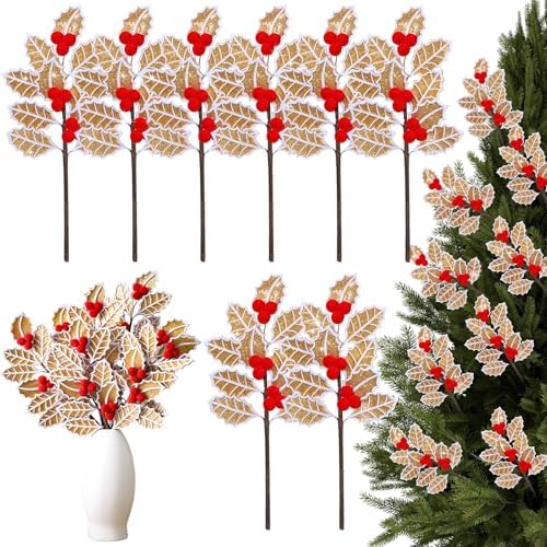 Janinka 8 Pcs Christmas Gingerbread Poinsettia Picks Tree Topper Picks with Berries Gingerbread Poinsettia Flower with Gold Glitter 11.8 Inches Christmas Tree Ornaments for Xmas Home Vase Decor by Janinka