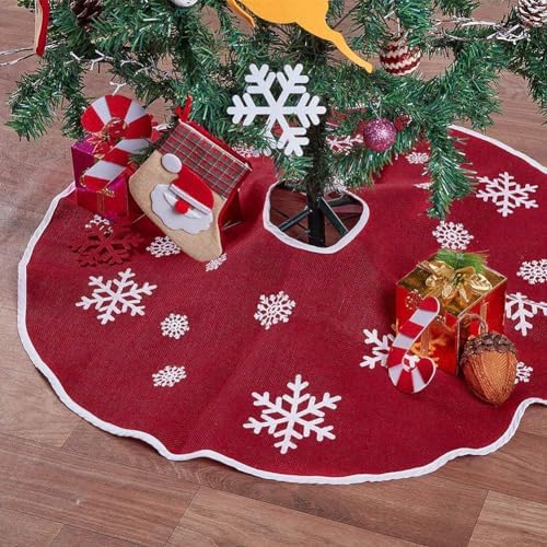 30 Inch Red Burlap Christmas Tree Skirt with White Snowflakes - Image 5
