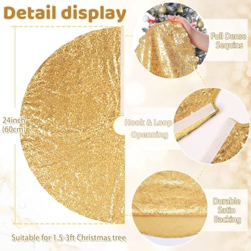 Gold Christmas Tree Skirt 24 Round Mini Tree Skirt Sequin Glitter Xmas Mats - Image 3