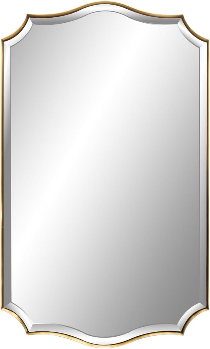 POZINO Scalloped Beveled Mirror, 24"x40" Brushed Gold Bathroom Vanity Mirrors for Over Sink, Modern Wavy Rectangle Wall Mirror for Living Room Bedroom Entryway, Horizontal or Vertical Hanging