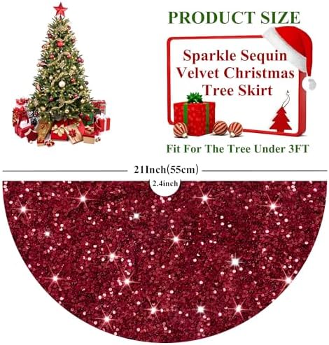 Christmas Tree Skirt Burgundy Velvet Tree Skirt Small Sequined Tree Skirts 21 Inch Mini Sequin Glitter Tree Cover Mats Metallic Tree Ornaments for Silm Tree Maroon Skirt Tree Burgundy Christmas Decor - Image 3