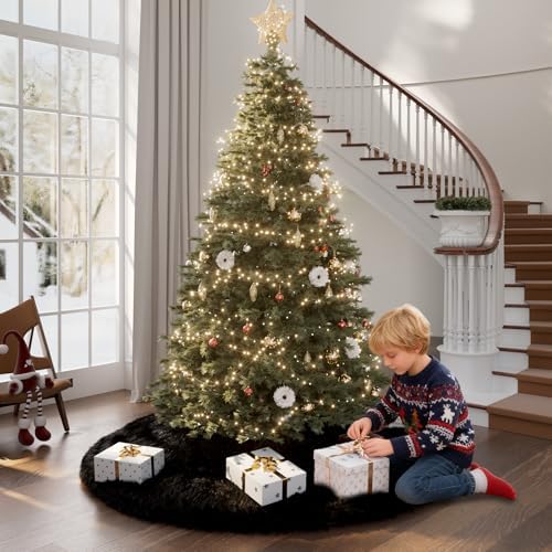 60 Inch Black Faux Fur Christmas Tree Skirt Plush Xmas Tree Base Cover - Image 4