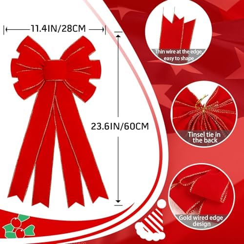 Hongsome 2 Pcs Large 12?€?x24?€? Red Velvet Christmas Bows Outdoor Decorations - Image 2
