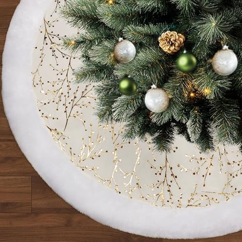 36 Inch Christmas Tree Skirt,White and Gold Faux Fur Xmas Tree Skirt,Thick Plush Velvet Tree Skirt for 4ft/6ft/7.5ft/9ft Christmas Trees,Large White Christmas Tree Skirt for Holiday Decoration by MNKXL