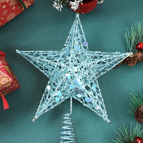 URATOT Glittered Christmas Tree Topper Metal Christmas Treetop Hallow Wire Star Topper for Christmas Home Decoration (8 inches, Blue) - Image 6