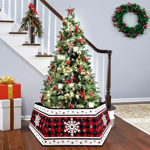 Christmas Tree Collar, Red Christmas Tree Collar, Buffalo Plaid Christmas Trees Skirt, Square Christmas Trees Ring, Foldable Hexagon Xmas Tree Skirt, Snowflake Decor for Holiday Party Home, 31 inch - Image 5