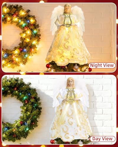 Angel Tree Topper with Lights, 12'' Christmas Tree Topper Angel, Battery Operated Lighted Treetop Ornaments, Elegant Christmas Tree Decorations for Indoor Office Holiday - Image 5