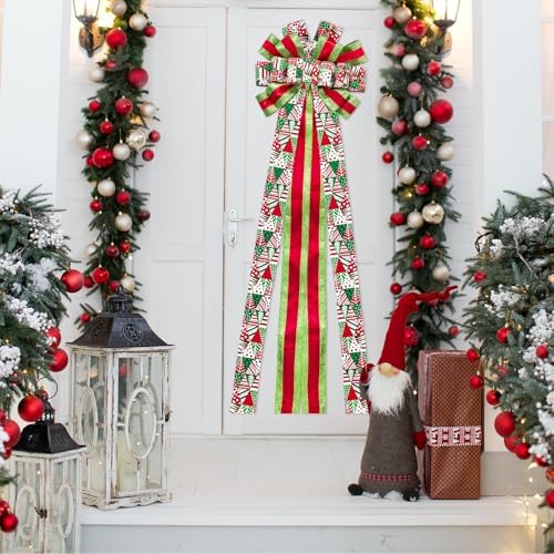 WRAPAHOLIC Large Christmas Tree Topper Bow - 13 x 52 Inch Red and Green Christmas Tree Topper Ribbon Bow Wreath Bows with Wired Edge for Xmas Ornament Indoor Outdoor Decoration - Image 6