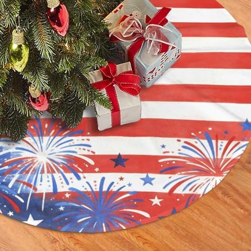 Christmas Tree Skirt, American Flag Firework Patriotic Memorial Day Xmas Large Tree Mat, New Year Festive Holiday Party Decorations 36" inches - Image 3