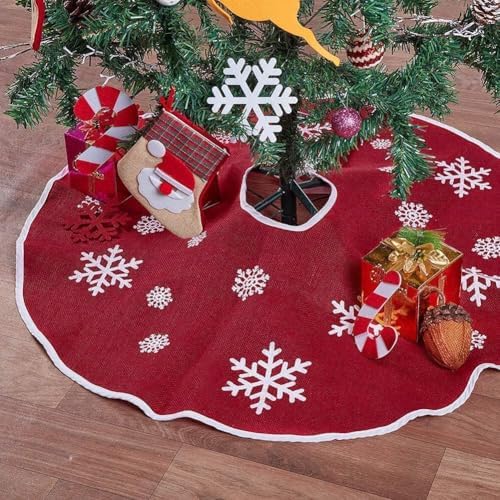 24 Inch Red Burlap Christmas Tree Skirt with White Snowflakes - Image 3