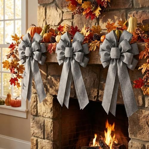 Gray Large Bow for Wreath Tree Topper 11x21 Inch Linen Texture Wired Ribbon Big Bows for Front Door Modern Farmhouse Everyday Decor Gift - Image 5