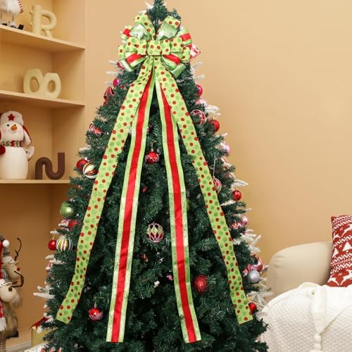 Christmas Tree Topper Wreath Bow Large Green Christmas Bow Tree Topper with Red Green Dot Patterned Gift Bows for Xmas Holiday Home Wedding Thanksgiving Indoor/Outdoor Decoration 52"x13" - Image 4