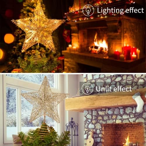 Christmas Star Tree Topper, Plug in 3D Star Tree Topper, 11”Golden Glittered Metal Hollow Designed Built-in 10 Bulbs String Lights for Christmas Tree Decorations - Image 3