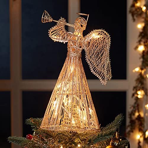 12-Inch 20 Light Incandescent Gold Glitter Angel Tree Topper - Image 7