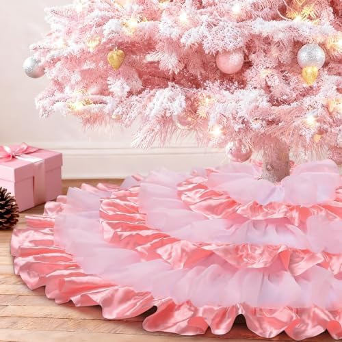 yuboo 48 Inch Pink Ruffle Tree Skirt for Fall Decorations, Pastel Tree Skirt for Wedding, White & Pink Layered Skirt for Artificial Trees, Seasonal Home Decor - Image 2