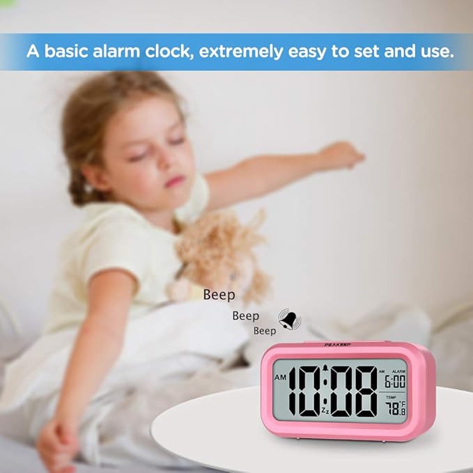 Peakeep Night Light Digital Alarm Clock Battery Operated Indoor Temperature | Small Cordless Cute Clock for Bedroom Desk Travel, Simple to Use for Teens Kids (Pink) - Image 2