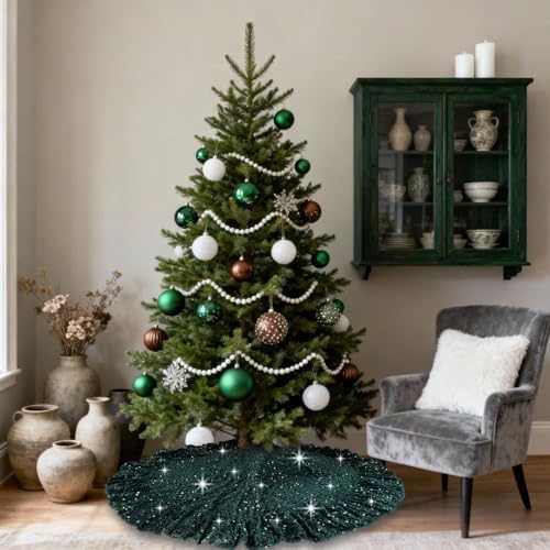 Emerald Green Christmas Tree Skirt Rustic Green Velvet Tree Skirt - Image 4