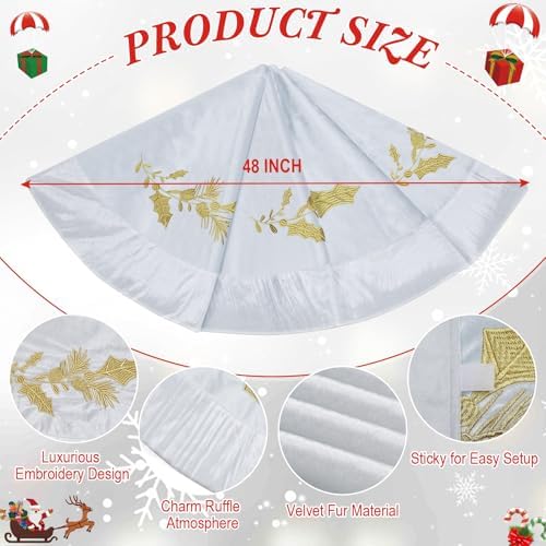 48 Inches Christmas White Velvet Tree Skirt Decorations White Luxury Fur Plush Skirts with Gold Embroidered Holly for Xmas Wedding Rustic Vintage Party Holiday Home - Image 3