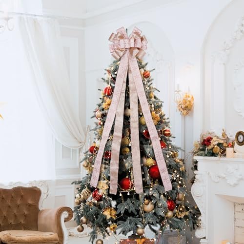 Christmas Tree Topper, 40x13 Inches Toppers Bow with Glitter Satin Mesh Streamer and Patterned Ribbon, Christmas Tree Topper Bow for Christmas Home Decoration (Rose Gold) - Image 6