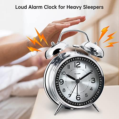 Peakeep Loud Alarm Clock for Heavy Sleepers Adults, Metal 4.5 Inches | Twin Bell Battery Operated Analog Alarm Clocks for Bedrooms Kids' Room Decoration (Metal Silver) - Image 2
