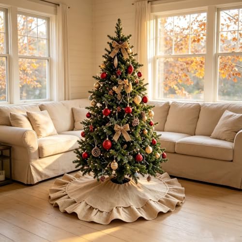 yuboo 36 Inch Burlap Christmas Tree Skirt, with Ruffle Border and Bow Ties - Image 5