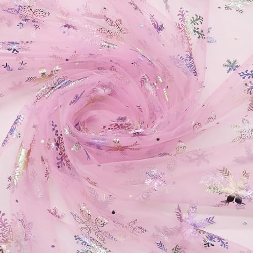 Snowflake Multi Color Foil Organza Winter Tablecloth - 59" x 119" - Christmas Tree Skirt - Pink by SUJAYU