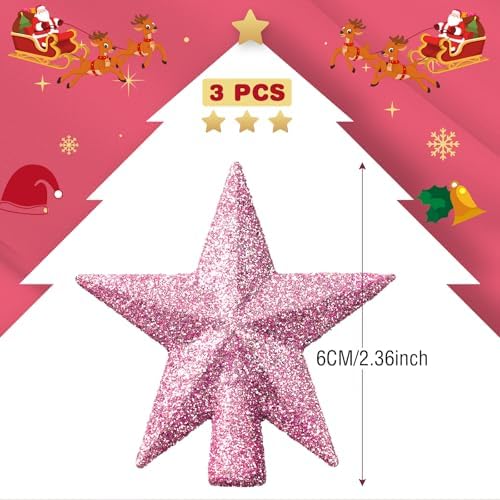 Hanaive 3 Pcs Mini Christmas Tree Topper Small Star Christmas Treetop Ornaments for Mini Tree Holiday Decorative Star for Xmas Home Decor(2.36 Inch,Glitter Pink) - Image 2