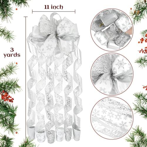 Silver Glitter Christmas Tree Topper Bow 11 Inch with 6 Ribbon Tails 3 Yards Long Wired Ribbon for Holiday Easy Style Party Decoration - Image 2