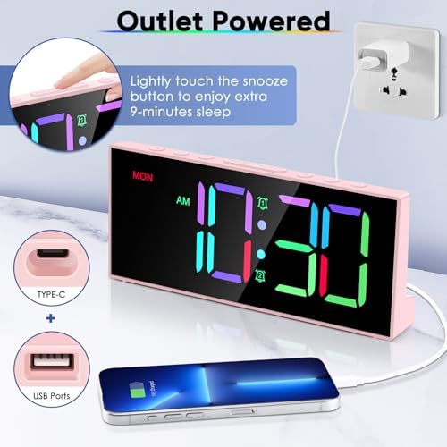 Digital Alarm Clocks,Large Big Numbers Cute clocks for Bedrooms,college dormitories,Teens,Modern D??cor Plug in Clock with USB Charger Port Adjustable 3-Levels volume,5 Dimmers,Battery Backup (Pink) - Image 6