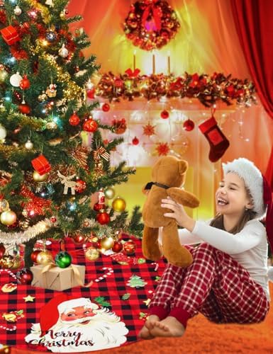 Multiwins 48 Inch Christmas Tree Skirt Red Santa Claus with Candy Cane Christmas Stockings, Black Red Buffalo Plaid Christmas Tree Skirt Ornaments for Merry Christmas Holiday Party Decorations Indoor - Image 4