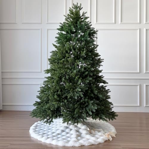 48-Inch Puff Quilt Faux Fur Christmas Tree Skirt, Soft Plush Tufted Texture with Satin Ribbon Ties, Cream - Image 2