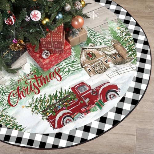 Blosssound Christmas Tree Skirt Buffalo Plaid Retro Red Truck Xmas Tree Skirt for Winter Holiday Farmhouse Christmas Party Decoration(48 Inch,Truck,Black White) by Blosssound