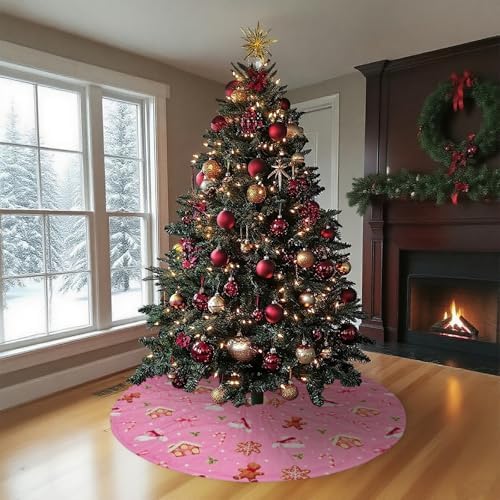 48 Inch Christmas Tree Skirt Mat Short Plush Pink Xmas Tree Skirts for Indoor Outdoor Christmas Tree Decoration(Pink Xmas Elements) - Image 5