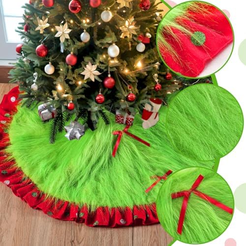 Hollowfly Red and Green Christmas Tree Skirt Furry Plush Lime Green Christmas Tree Skirts Whimsical Xmas Decorations Holiday Glittering Dot Mat Faux Round Carpet for Home Xmas Party Decor(36 Inch) - Image 6