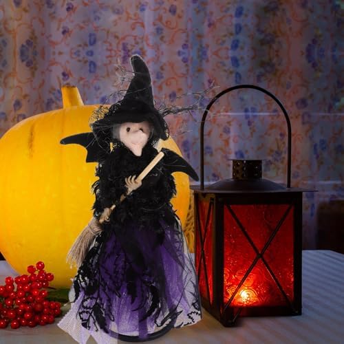 Alipis Halloween Witch Tree Topper, Black Witch Doll Ornament with Black Pointed Hat and Flying Broom Christmas Tree Top for Desktop Treetop Fireplace Halloween Decor - Image 7