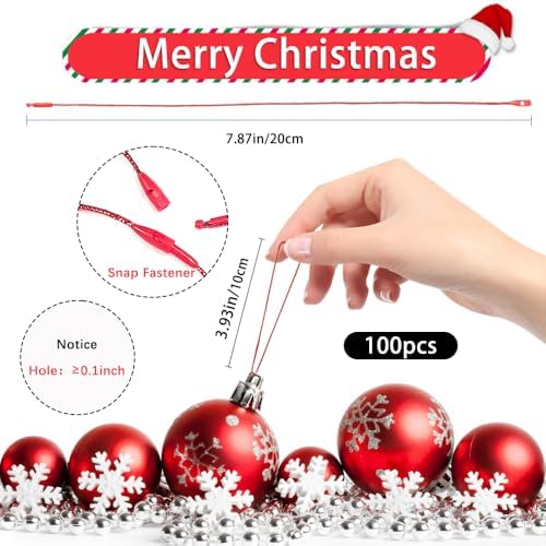 Christmas Ornament Hangers String, 100 Pcs PreCut Ornament Hook for Christmas Trees, Ornament String Red, Safe Ornament Ribbon Hangers for Xmas Holiday Party Hanging Decorations with Snap Fastener - Image 2