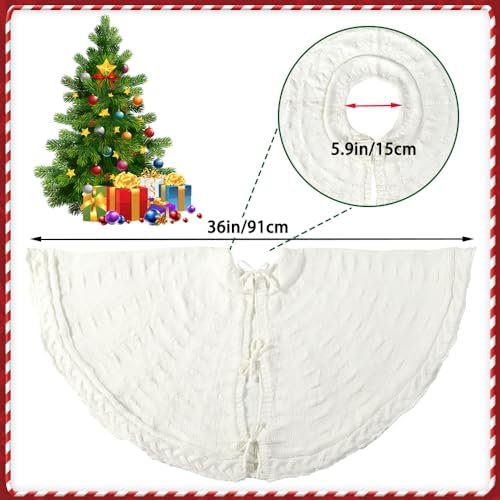 YUJUN 36 inches Christmas Knitted Tree Skirt Decorations Xmas Large White Chunky Cable Farmhouse Thick Rustic Tree Skirt for Merry Christmas Tree Holiday Home Party Decoration - Image 2
