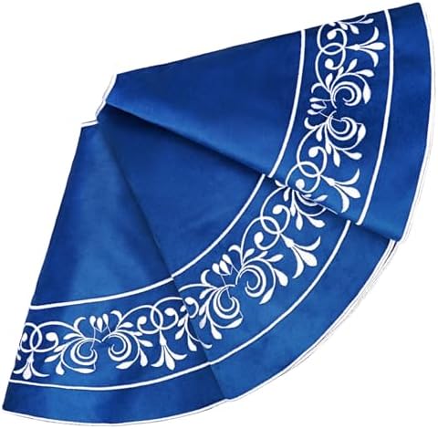 Blue Christmas Tree Skirt Velvet 48 inch，Large Elegant Velvet Blue Tree Skirt Fur Plush, Xmas Tree Skirts with Floral Embroidered Vintage Pattern Round for Merry Christmas Party Xmas Tree Decorations - Image 2