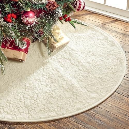 Skylety 48'' Christmas Tree Skirt Rug Embossing Xmas Tree Skirt, Lvory by Skylety