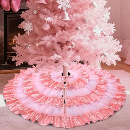 yuboo 48 Inch Pink Ruffle Tree Skirt for Fall Decorations, Pastel Tree Skirt for Wedding, White & Pink Layered Skirt for Artificial Trees, Seasonal Home Decor - Image 5