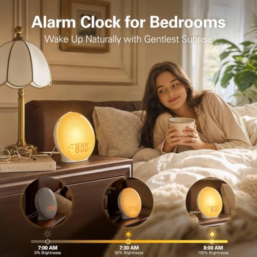 JALL Full-Screen Wake Up Light Sunrise Alarm Clocks for Bedrooms, White Noise Machine for Heavy Sleepers, 25 Natural Sounds, Dual Alarms, FM Radio, 17 Dimmable Colors, Bluetooth Speaker - Image 2