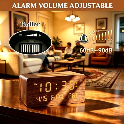 Premium Brown Wooden Digital Alarm Clock with Wireless Phone Charger, Dual USB Charging Ports, Dimmable LED Display, Date and Day of Week, Small Digital Desk Clock for Bedroom Nightstand Bedside Table - Image 6