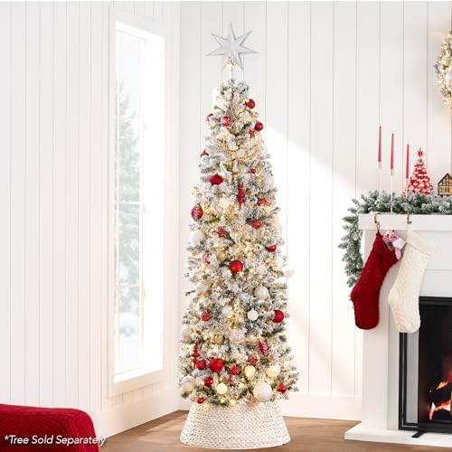 Best Choice Products 24in Christmas Tree Collar, Woven Hyacinth 3-Piece Holiday Rattan Tree Skirt Accessory for Home w/Cord Cut-Out - Transparent White - Image 6