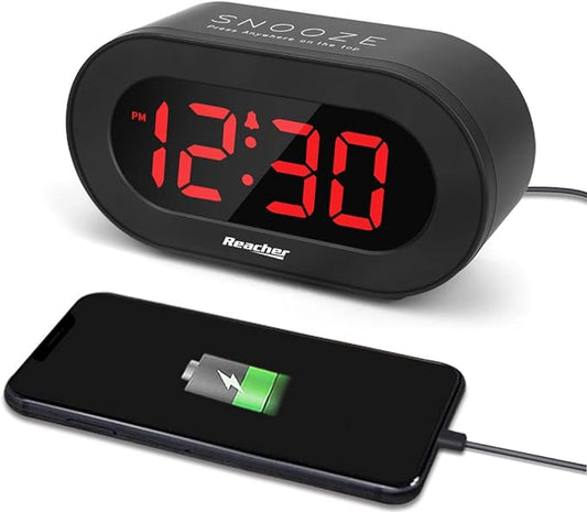 REACHER Small Dimmable LED Digital Alarm Clock with USB Charger by Reacher