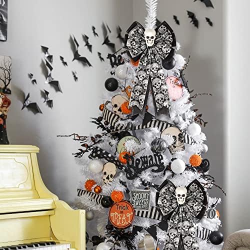 Skull Gothic Decor,Halloween Bows for Wreaths Decorations, Halloween Tree Topper Bow, Decorative Bow with Skull Glitter Silver Black Burlap for Fall Home Front Door Outdoor - Image 6