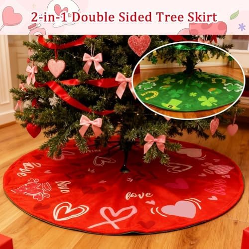 YEAHOME Valentines Day Decorations for Tree Skirt, 36" Love Heart Pattern Tree Skirts for Valentines Day Decor, Double-Sided St Patricks Day Clover Tree Skirt for Holiday Party Decorations - Image 3